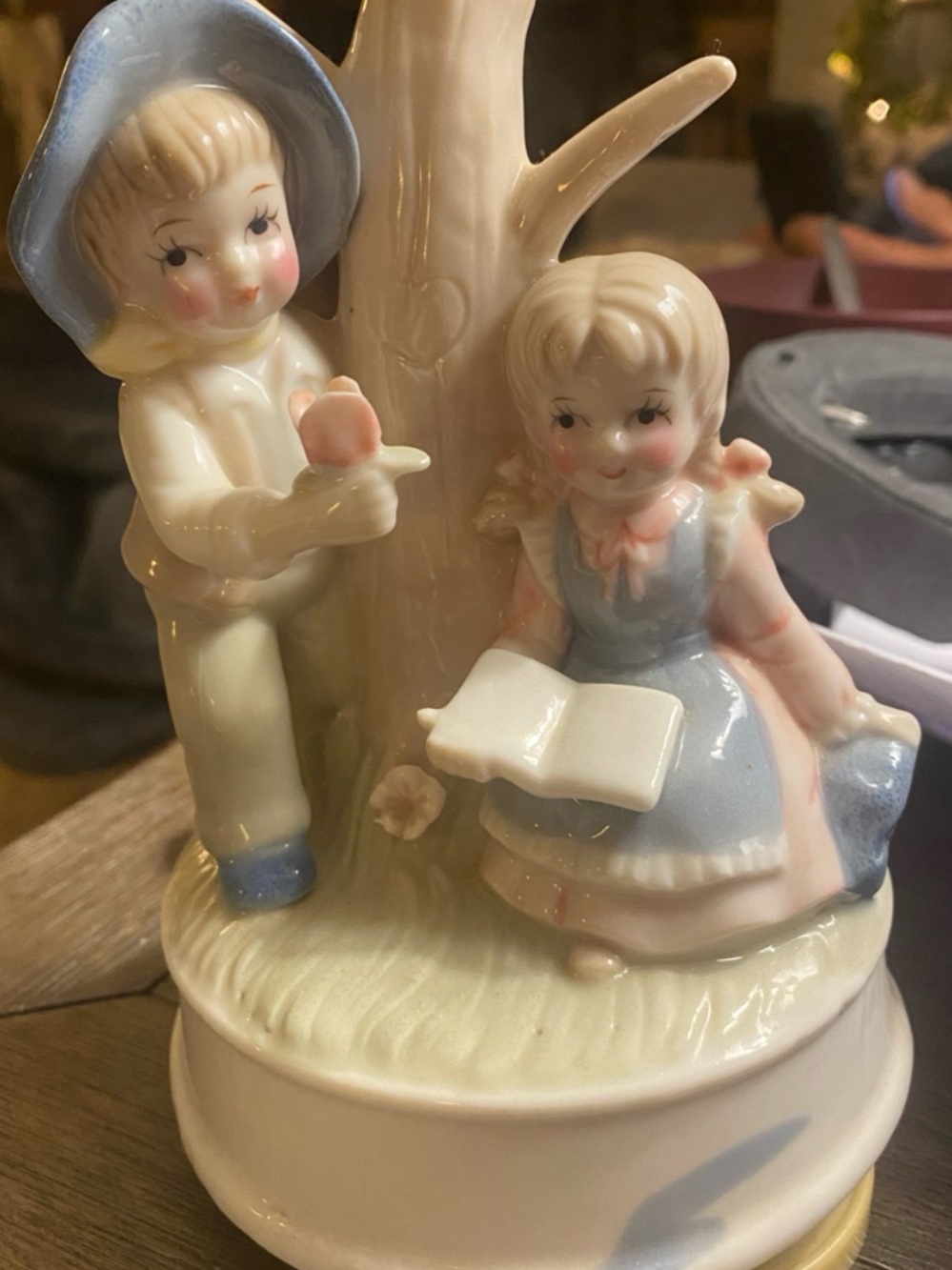Vintage Porcelain Boy and Girl Reading Figurine Rotating Music box